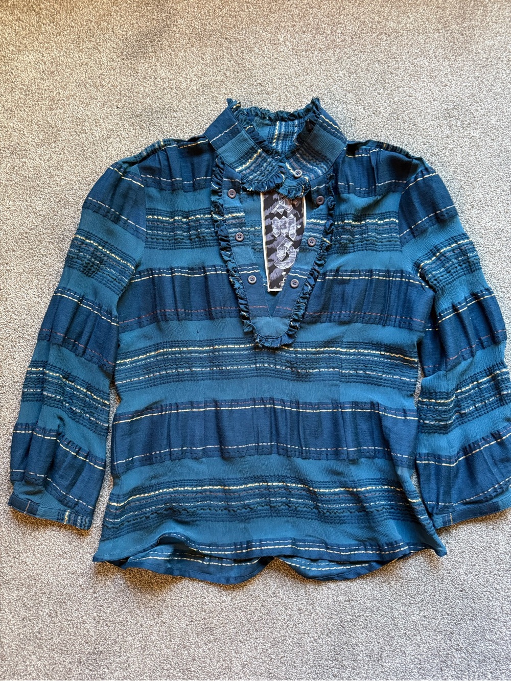 Fall 2007 L.A.M.B. Teal & Navy Striped Ruffle V-Neck Blouse
